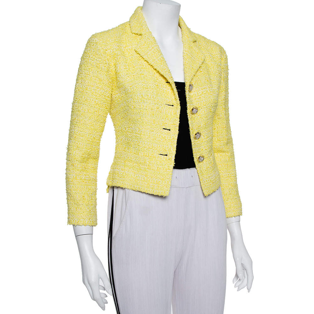 Vintage Chanel Boutique Yellow Tweed 'CC' Button Cropped Structured Jacket
