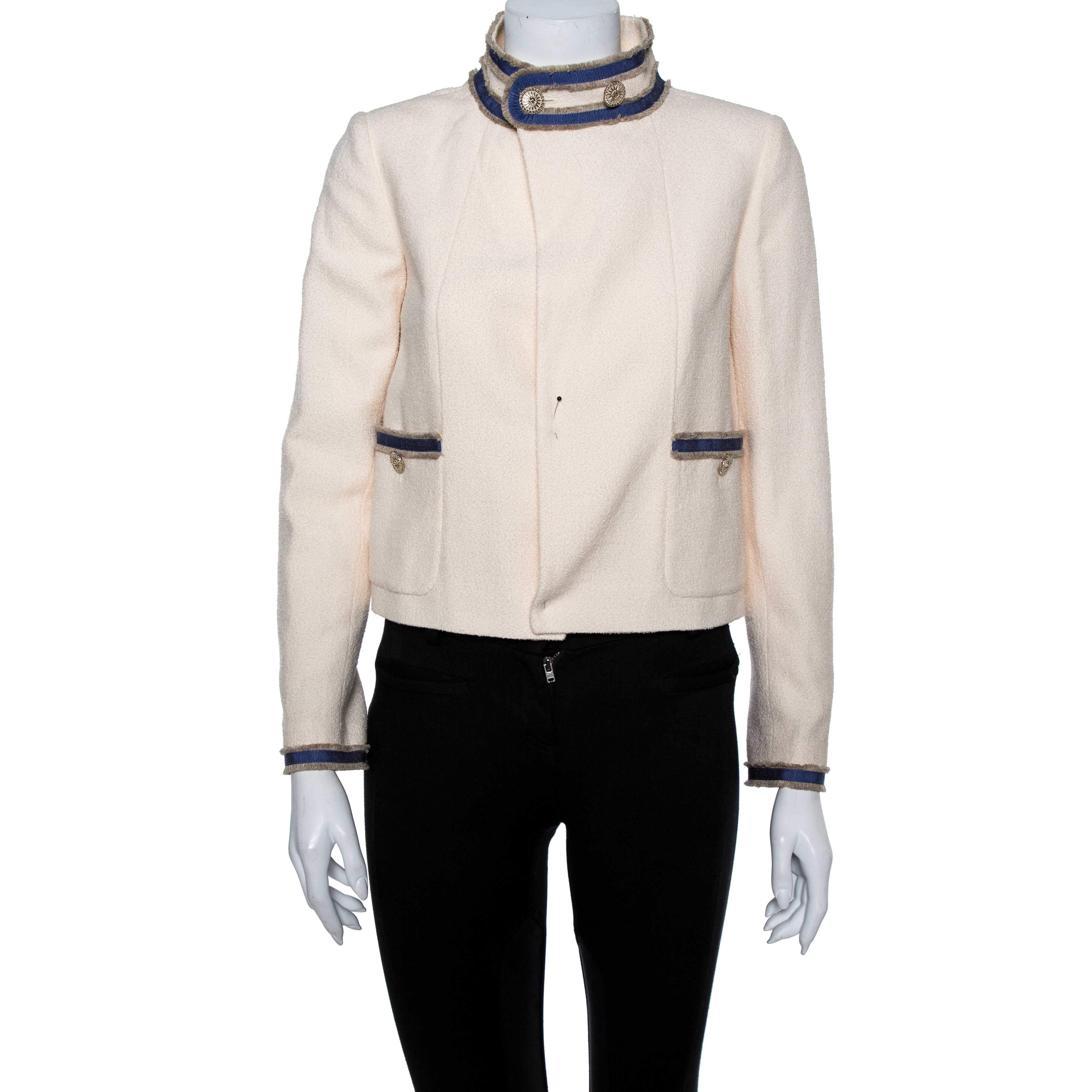Chanel Cream Boucle Stand Collar Button Detail Jacket S