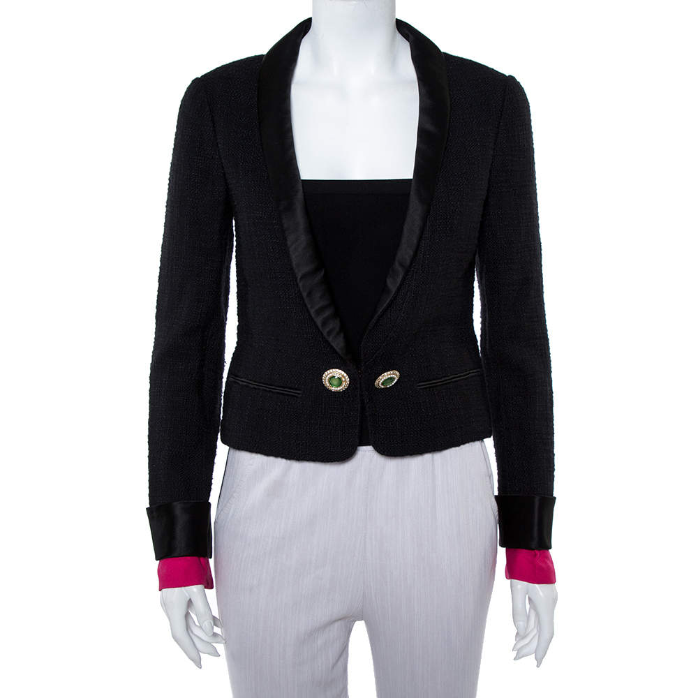 Pre Owned Chanel Black Tweed Contrast Extra Sleeve Detail Cropped Blazer M