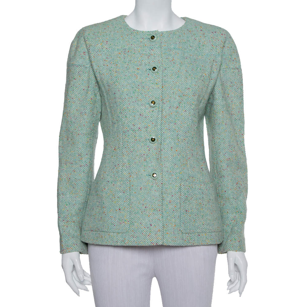 Chanel Mint Green Tweed Button Front Jacket L