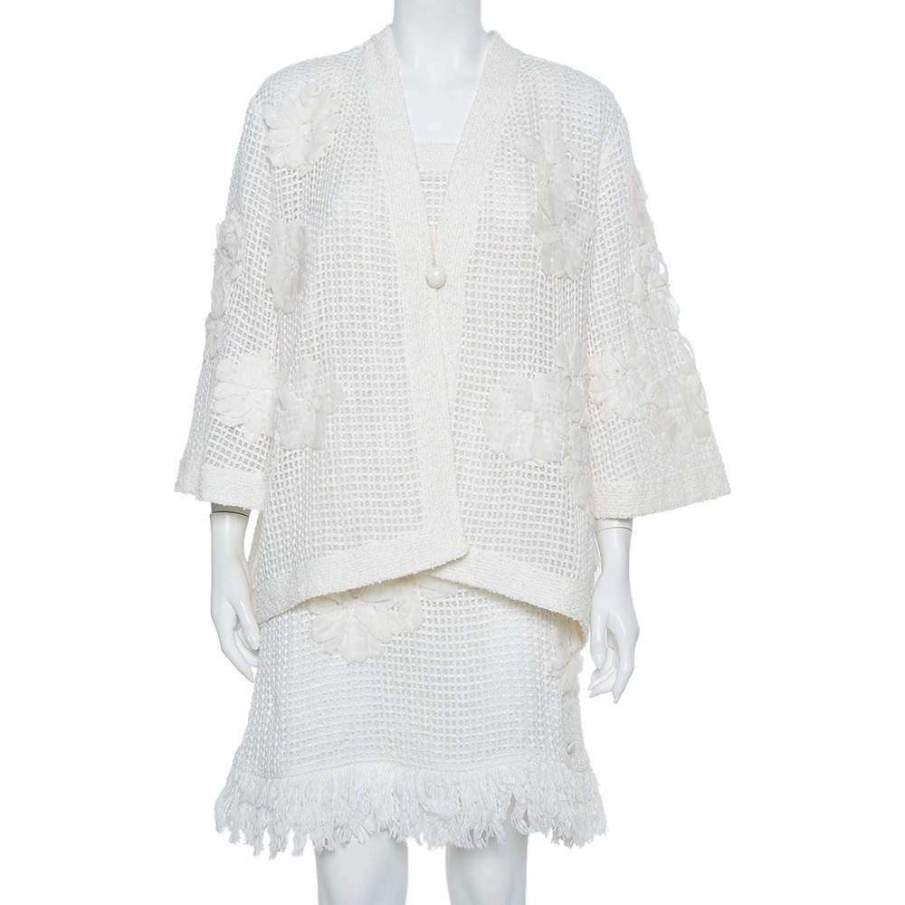 Chanel White Mesh Applique Detail Sleeveless Short Dress & Bell Sleeve Button Front Jacket M