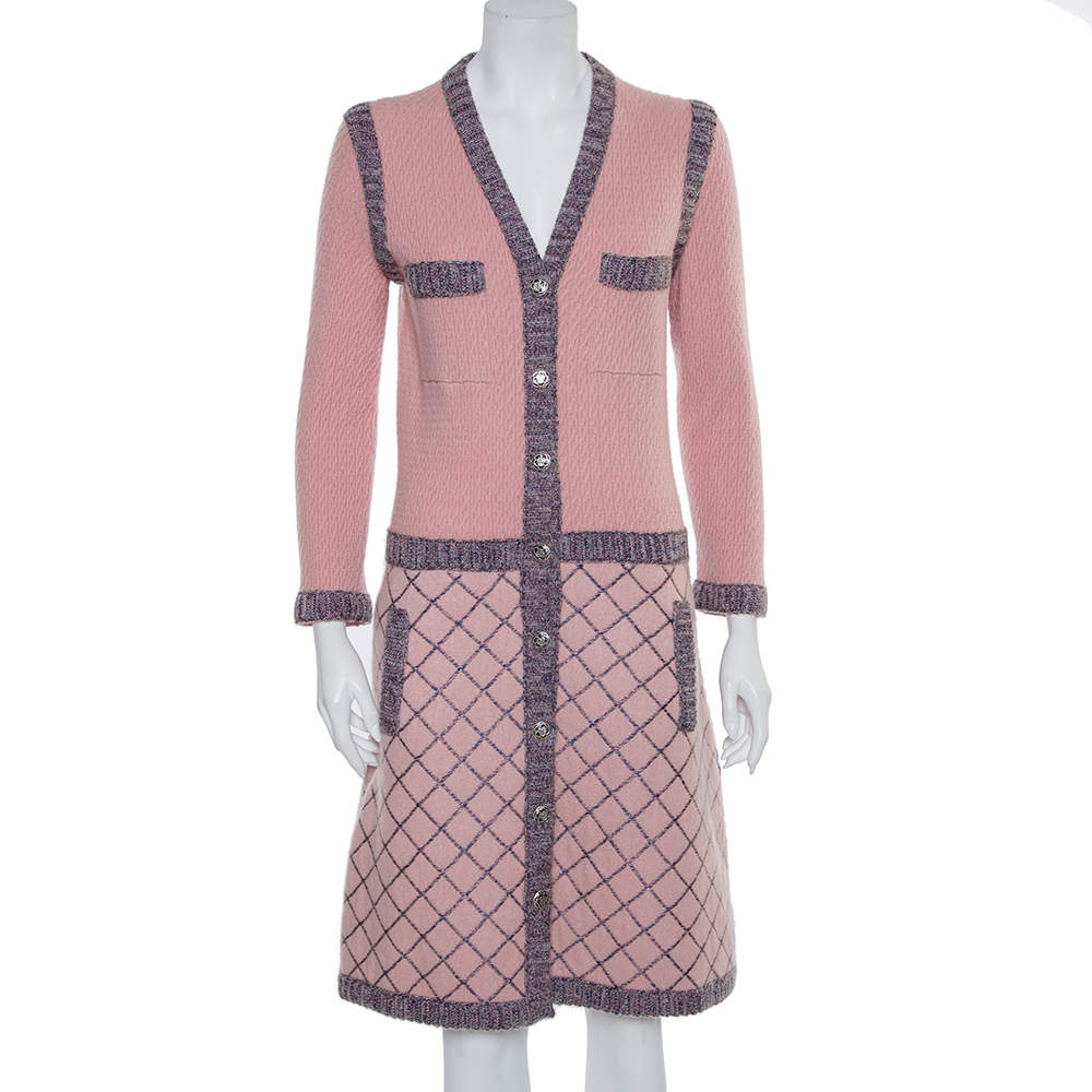 Pre Owned Chanel Pink Silk & Cashmere Button Front Midi Dress M