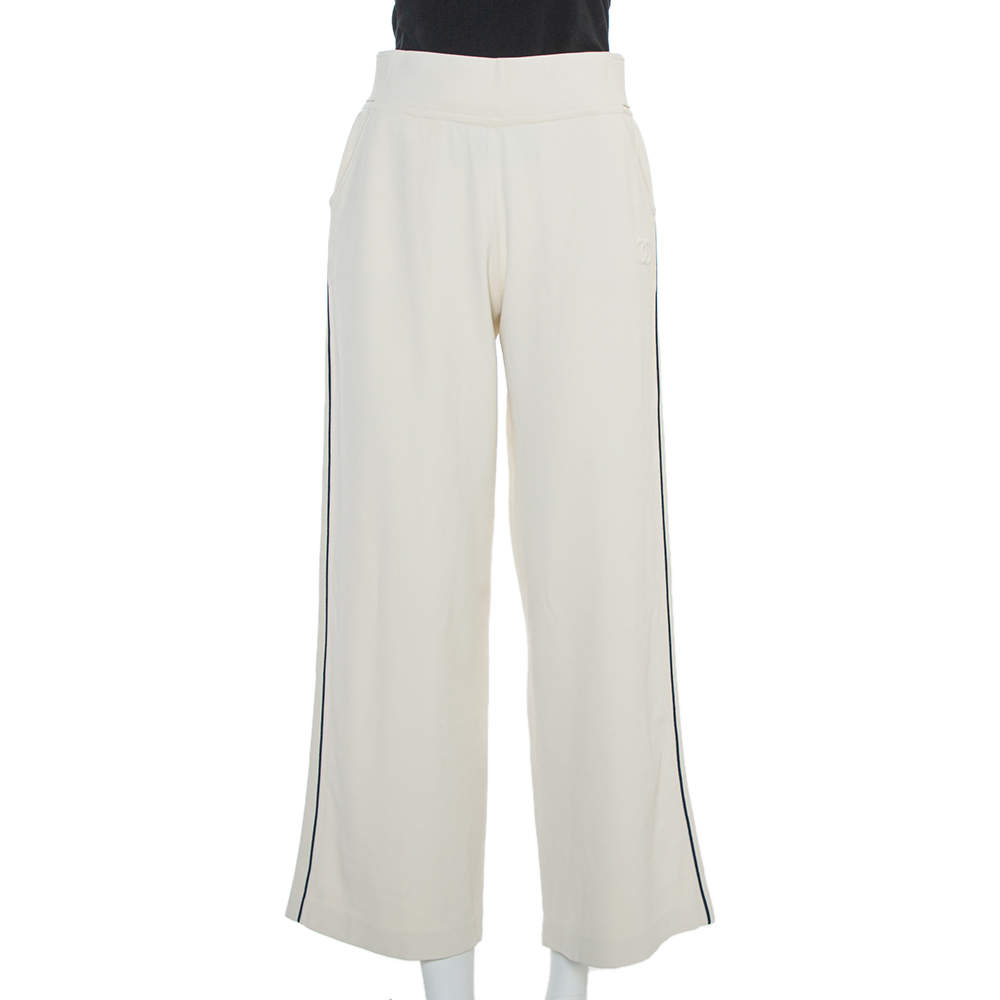 Pre Owned Chanel Cream Knit Side Stripe Detail Wide Leg Trousers M