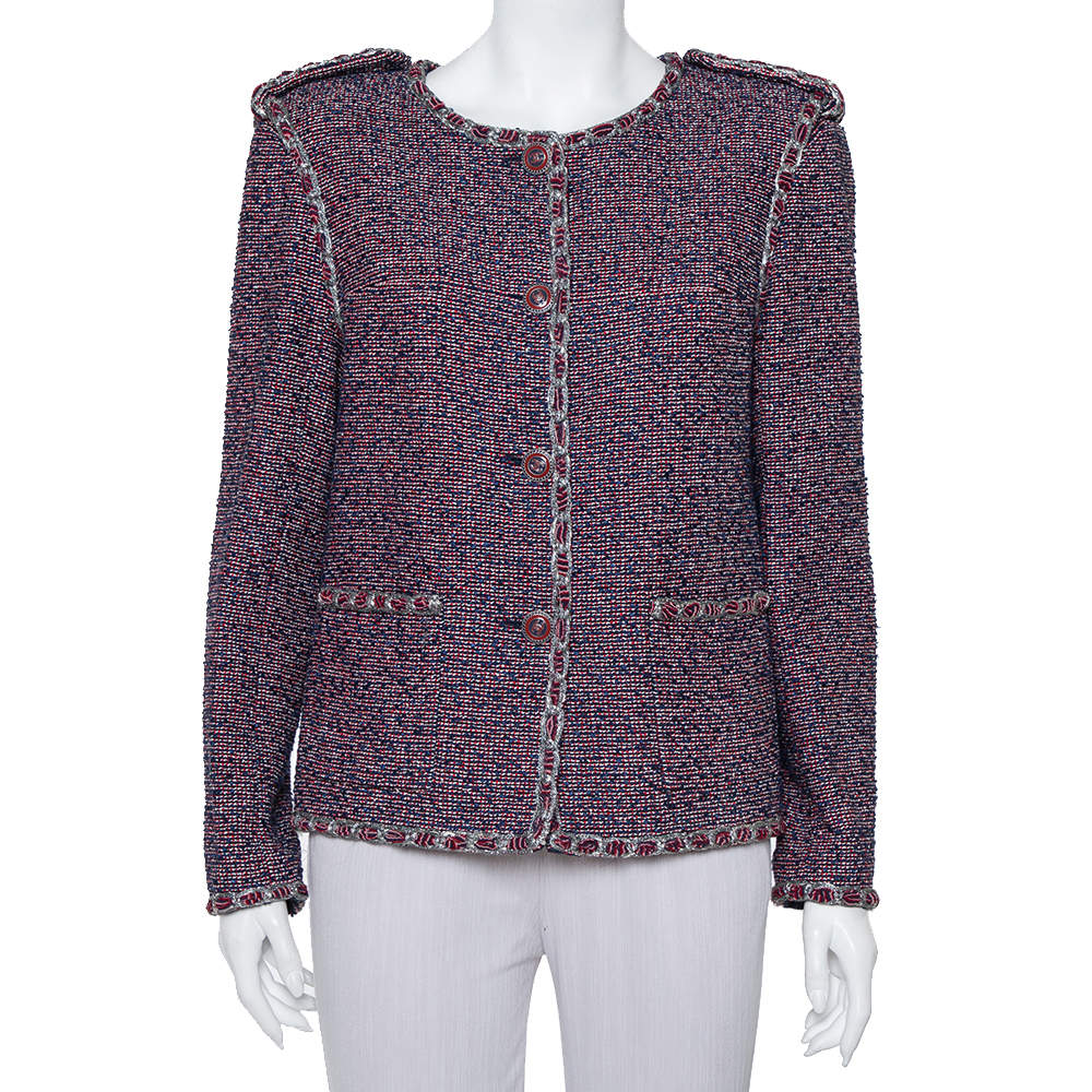 Chanel Red & Blue Tweed Button Front Jacket XL