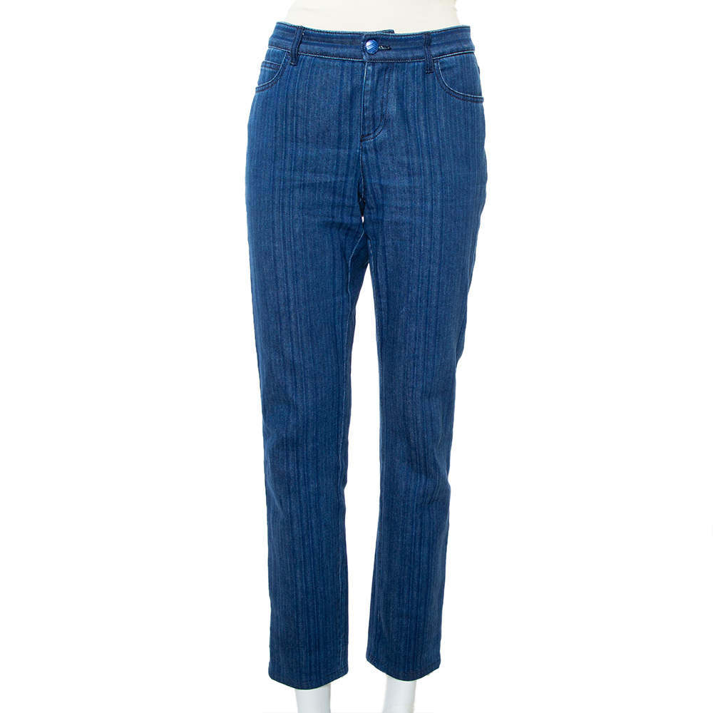 Pre Owned Chanel Navy Blue Striped Denim Tapered Leg Jeans M