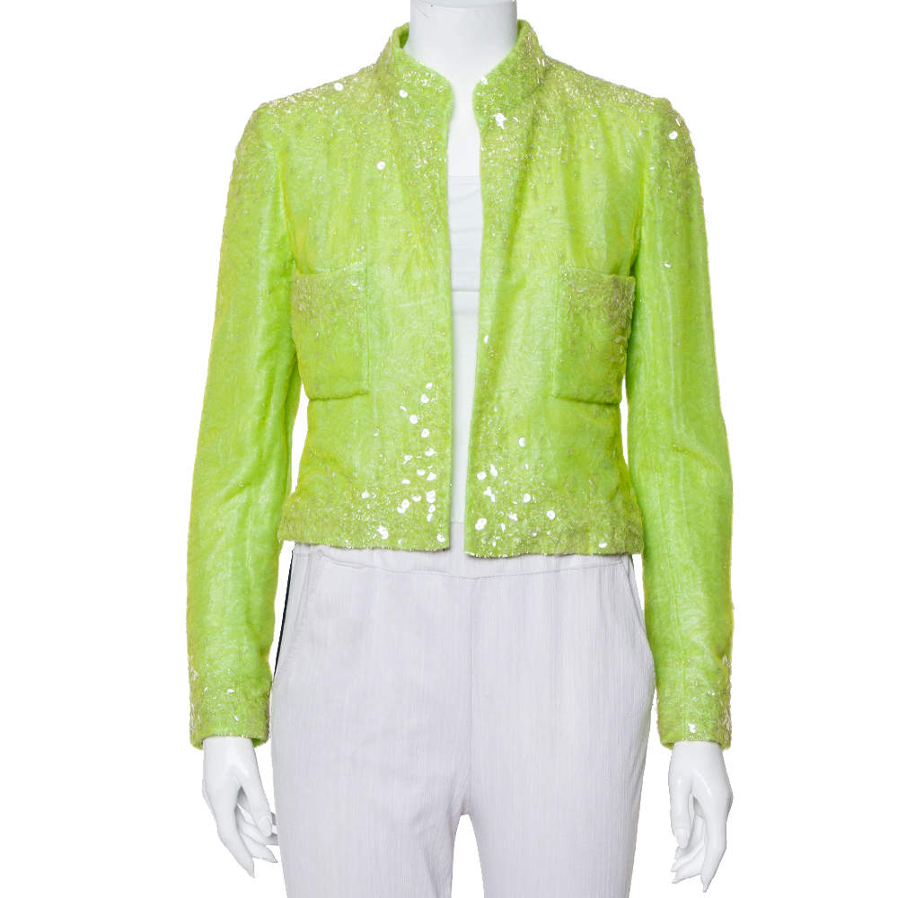 Chanel Boutique Lime Green Sequin Embellished Velvet Open Front Cropped Jacket M