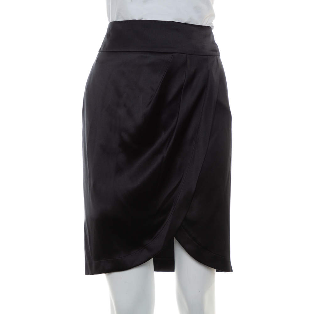 Pre Owned Chanel Black Silk Satin Faux Wrap Mini Skirt S