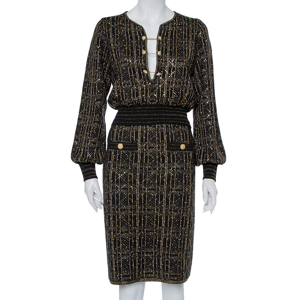 Chanel Black Lurex Knit Stone & Sequin Embellished Crop Top & Skirt Set M
