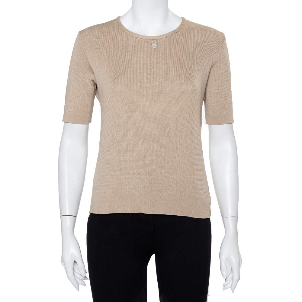 Pre Owned تي شيرت شانيل أكمام قصيرة تريكو قطن بيج مقاس كبير (لارج)