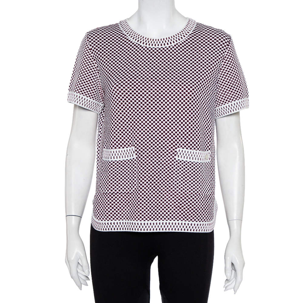 Pre Owned Chanel Multicolor Patterned Knit Short Sleeve Crewneck Sweater M