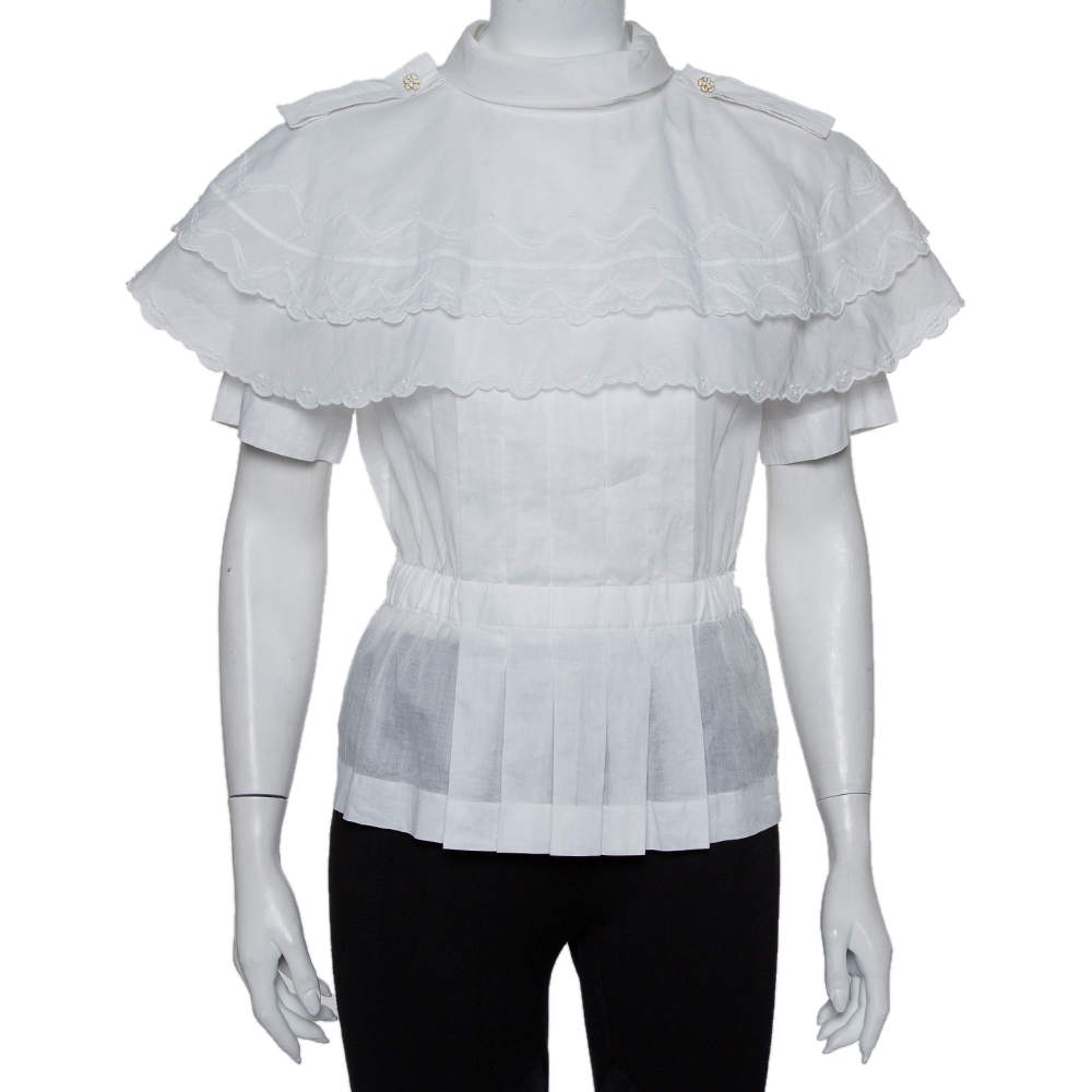 Pre Owned Chanel White Cotton Scalloped Overlay Detail Top M