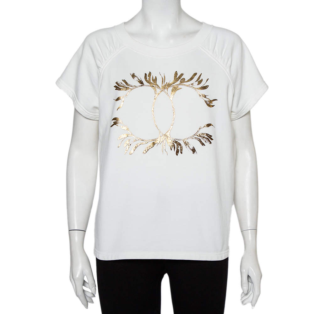 Chanel White Cotton Metallic Logo Detail Round Neck T-Shirt L