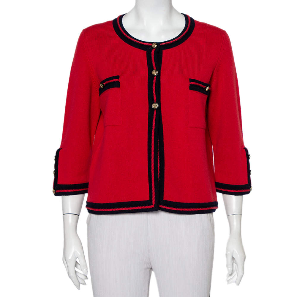 Chanel Red Cashmere Contrast Trim Detail Button Front Cardigan L
