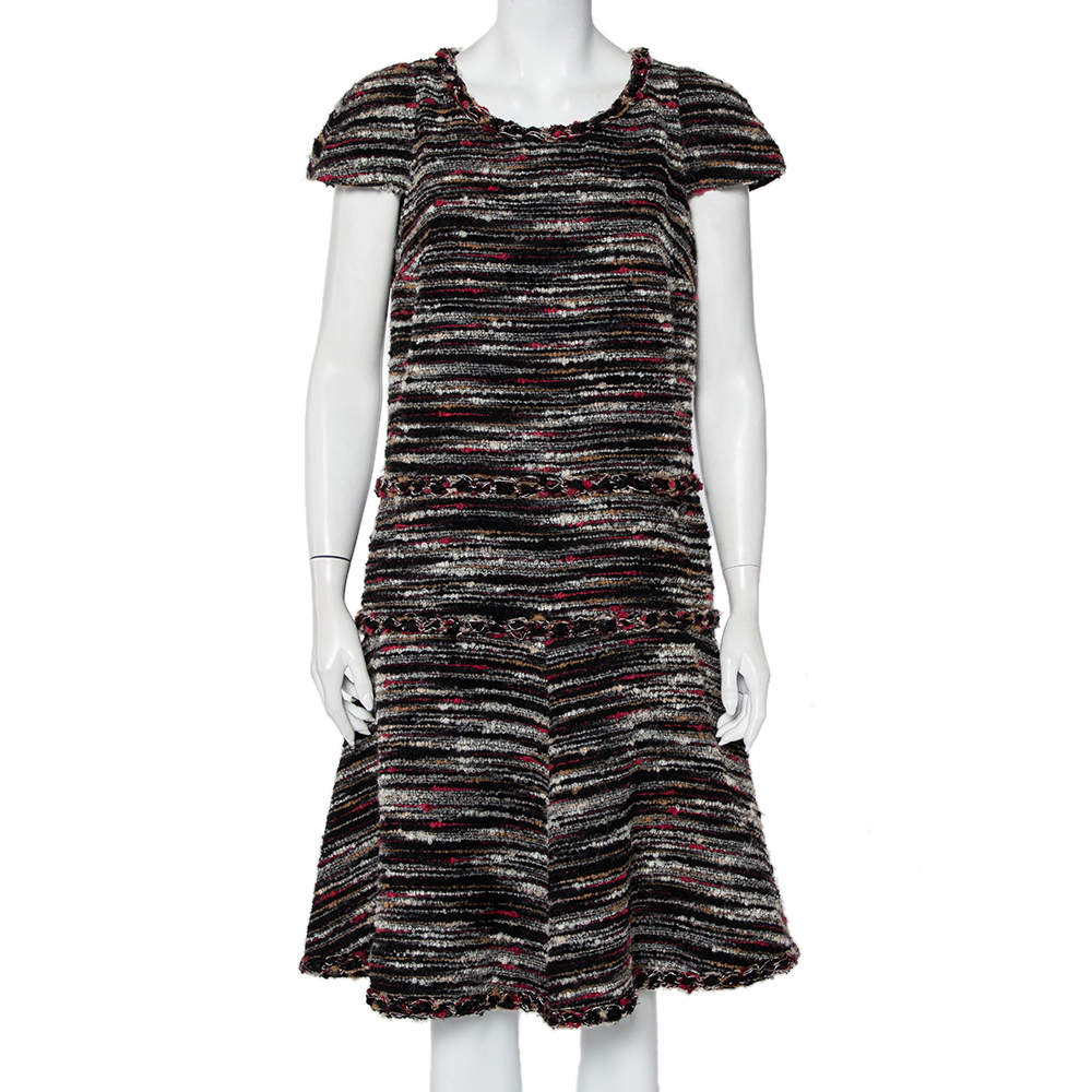 Pre Owned Chanel Black Boucle Midi Dress L