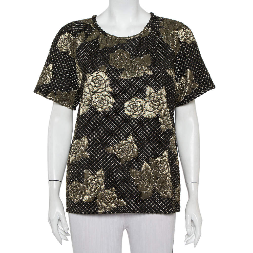 مملوكة مسبقًا Chanel Black & Gold Floral Stretch Jersey Crewneck Top L