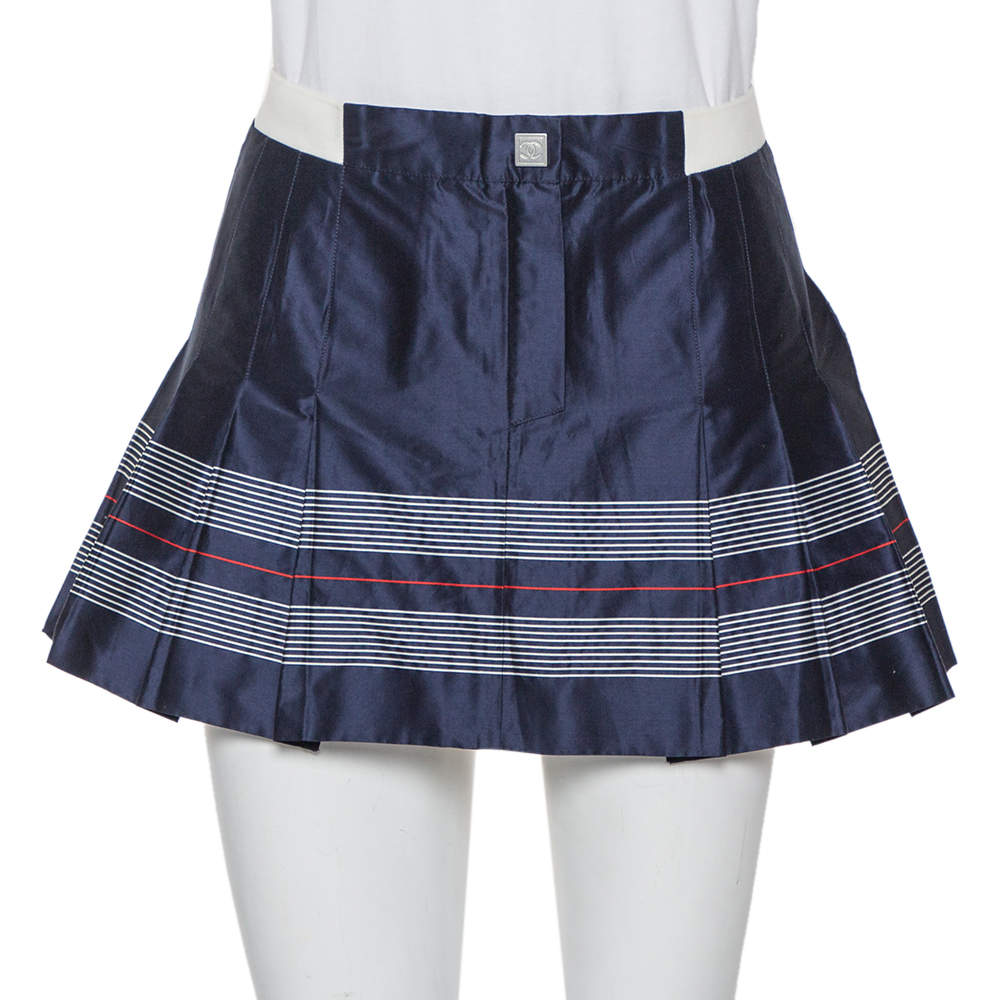 Chanel Navy Blue Cotton & Silk Striped Detail Pleated Tennis Skirt S  