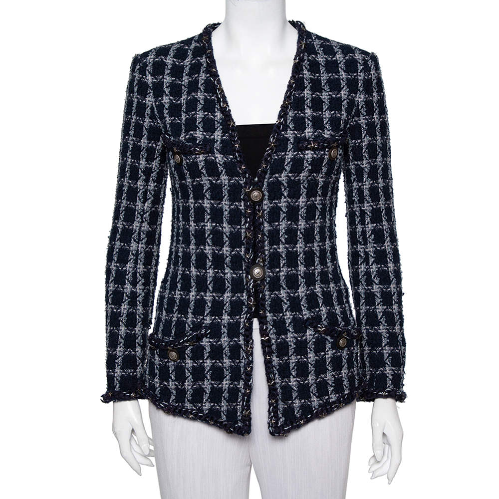 Chanel Navy Blue Tweed Star Embellished Button Front Jacket S