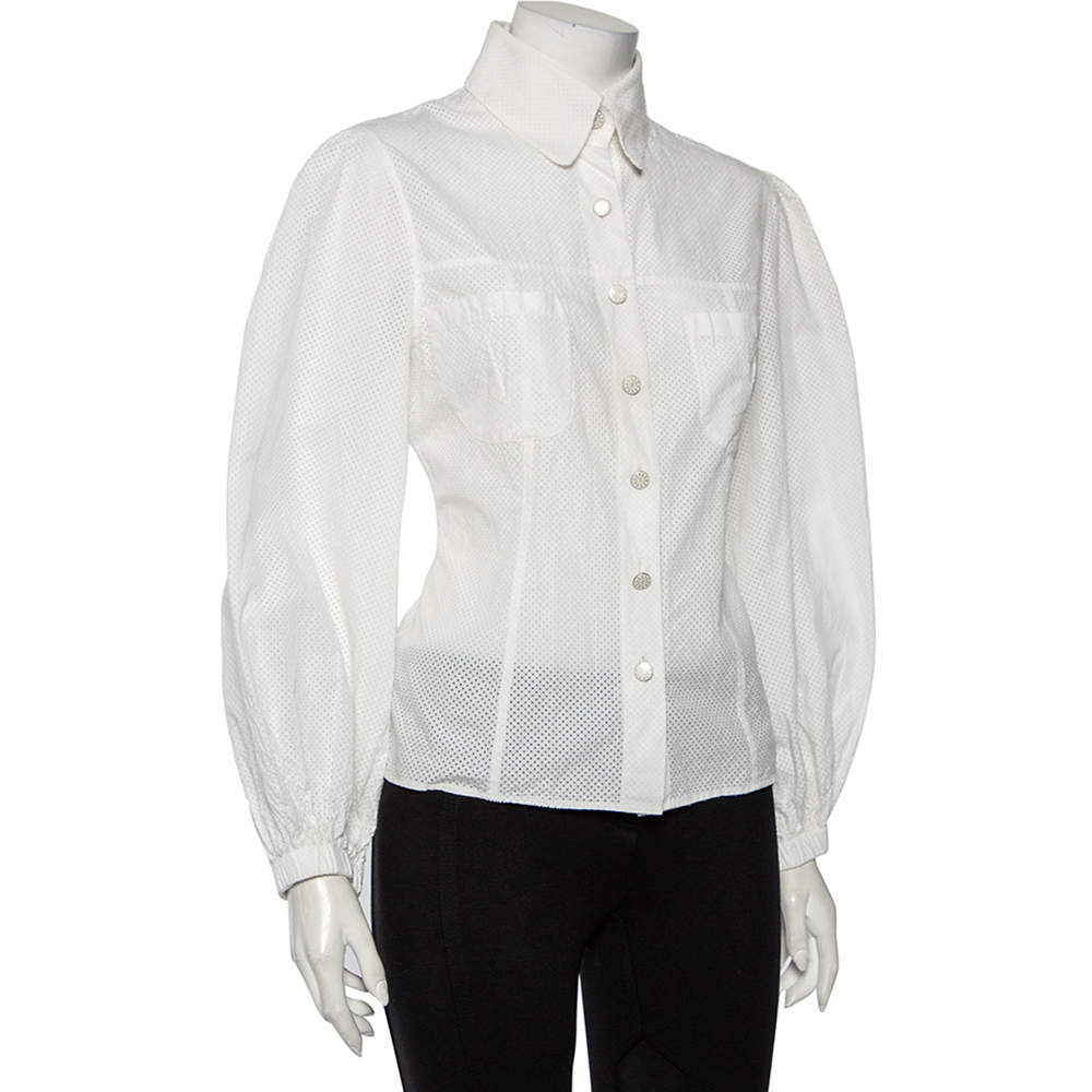 Chanel White Perforated Cotton Button Front Shirt L