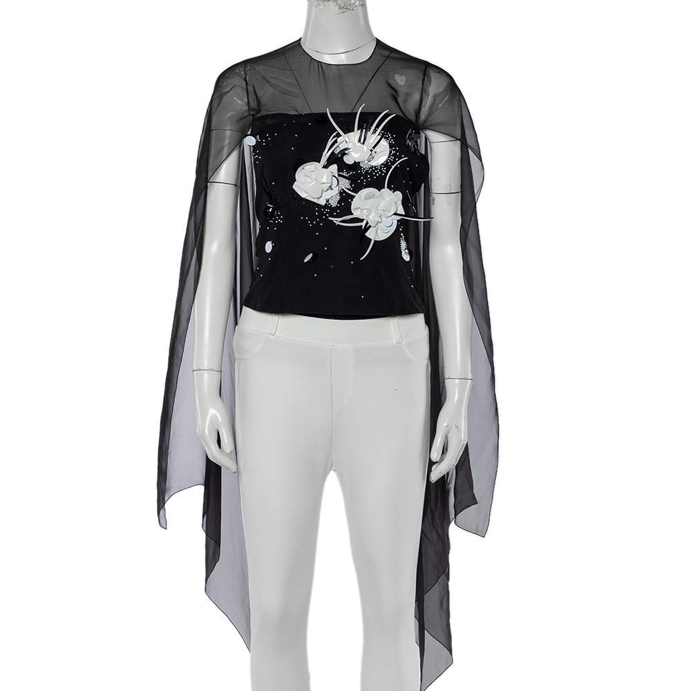 Chanel Vintage Black Embellished Tulle & Silk Overlay Top M