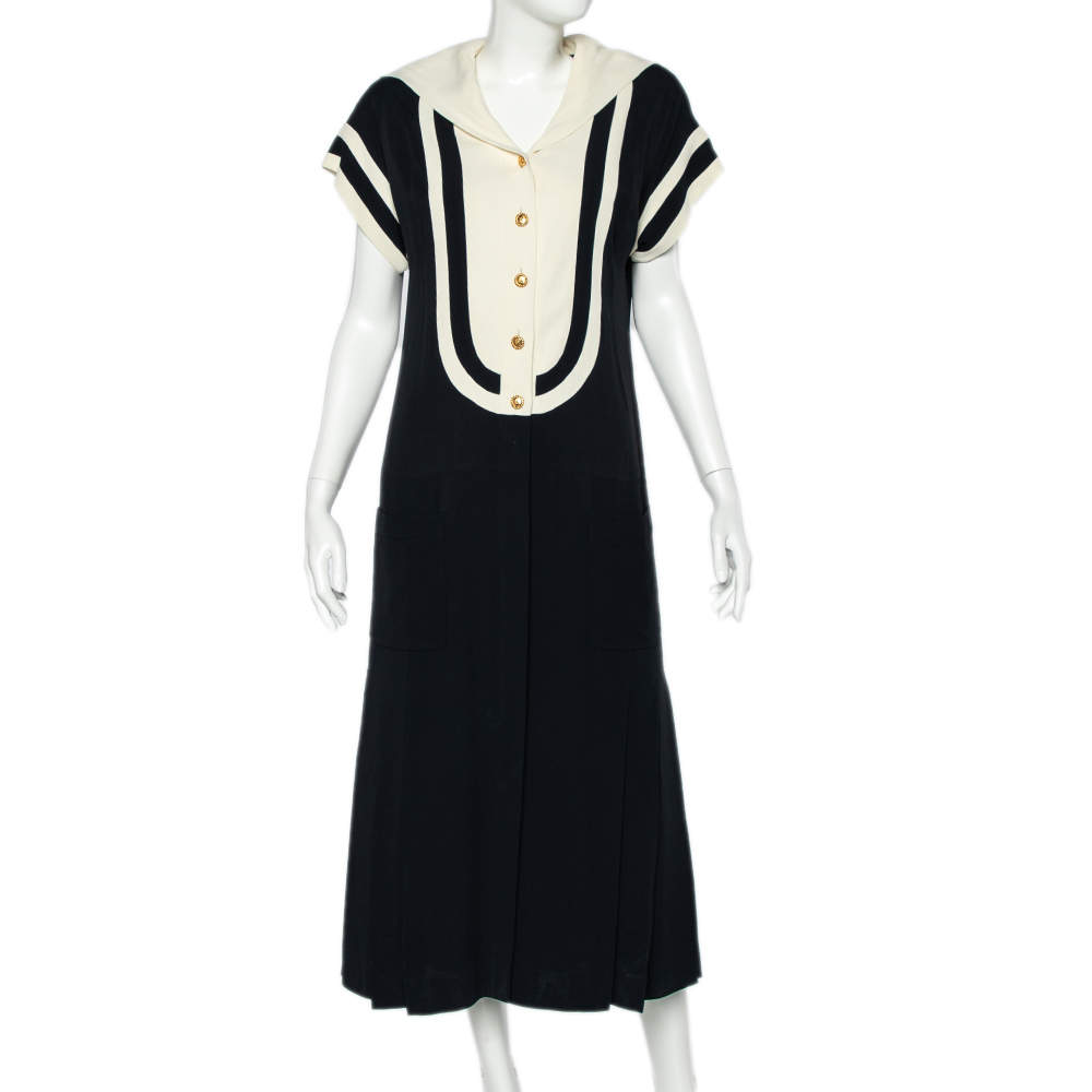 Chanel Vintage Monochrome Crepe Collar Overlay Detail Button Front Dress M
