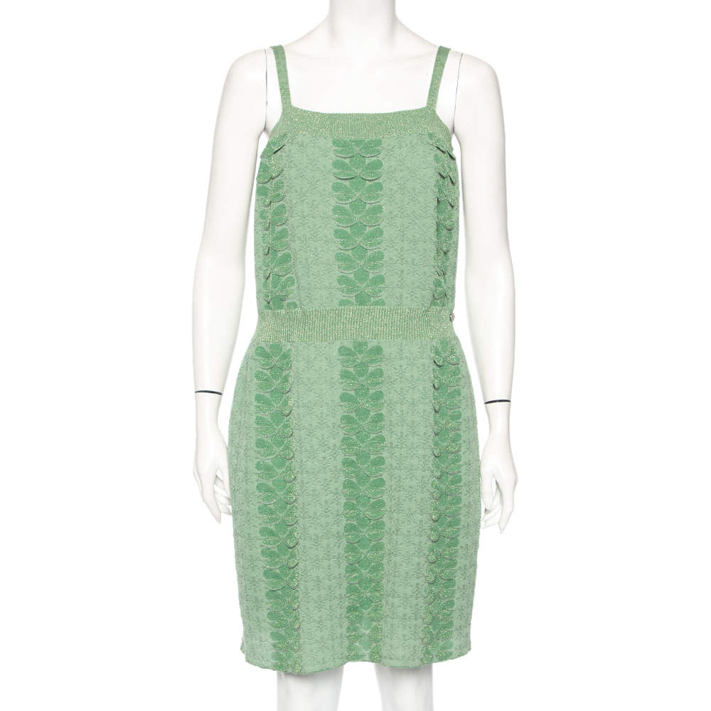 Pre Owned Chanel Green Patterned Lurex Knit Ribbed Trim Short Dress M 