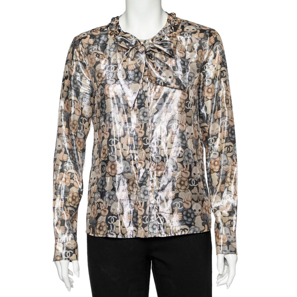 مملوكة مسبقًا Chanel Metallic Cat Printed Silk Neck Tie Detail Shirt M