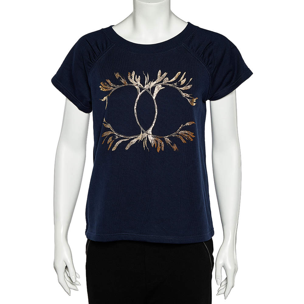 Chanel Navy Blue Cotton Knit CC Print Grecian Goddess T-Shirt XS