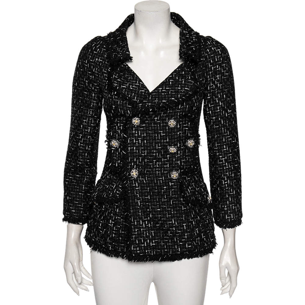 مملوكة مسبقًا Chanel Black Logo Ribbon Tweed Double Breasted Blazer M