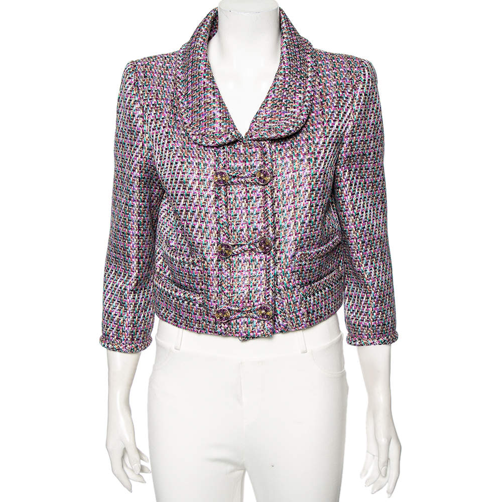 Chanel Multicolored Fantasy Tweed Double Breasted Cropped Jacket L