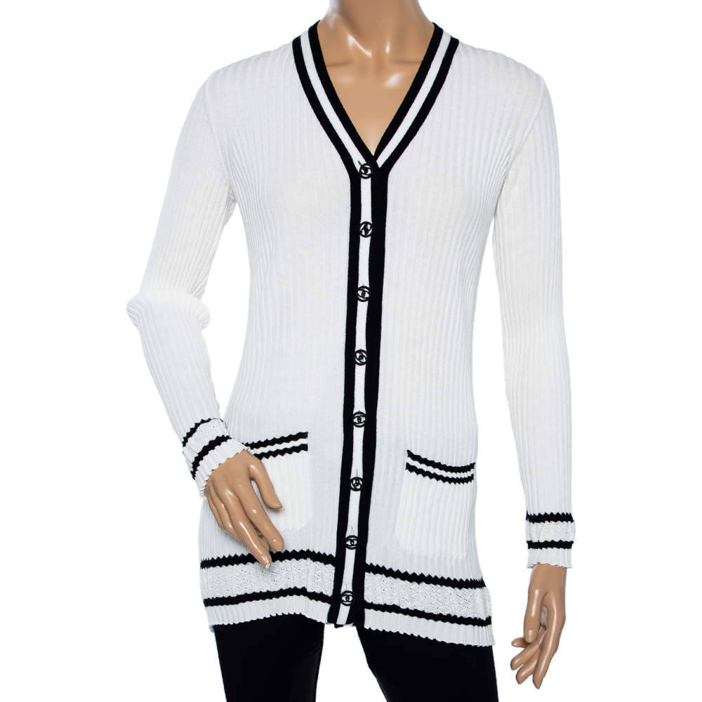 Pre Owned Chanel White Cotton Knit Contrast Trim Detailed Button Front Cardigan S