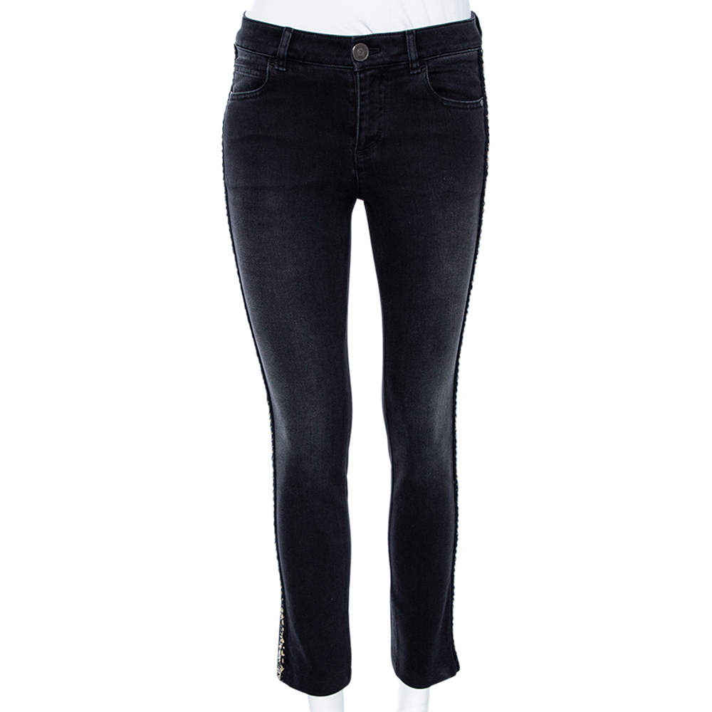 Pre Owned Chanel Black Denim Trimmed Straight Leg Jeans S