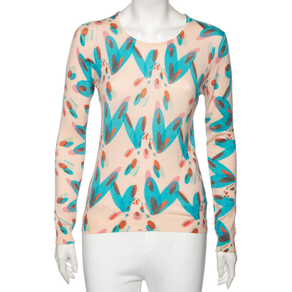 Pre Owned Chanel Pink Heart Printed Cashmere Long Sleeve Sweater M