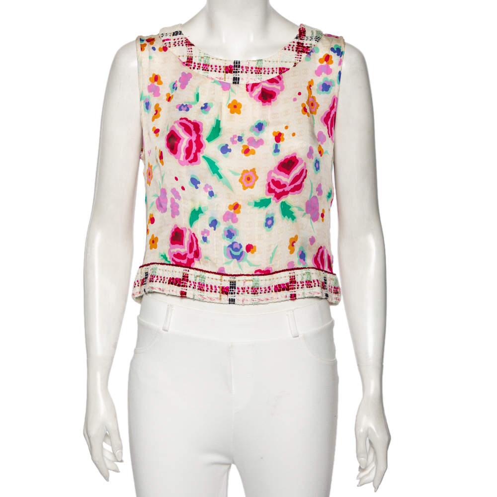 مملوكة مسبقًا Chanel Multicolor Printed Silk & Tweed Trim Sleeveless Top L