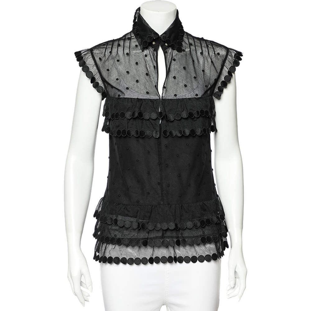 Chanel Black Patterned Mesh Tiered Short Sleeve Top M Chanel | TLC