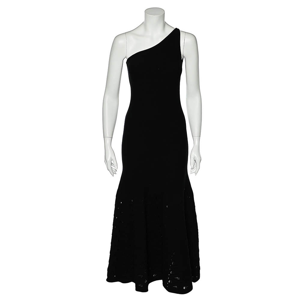 Pre Owned Chanel Black Jersey One Shoulder Open Knit Flounce Hem Detail Dress M