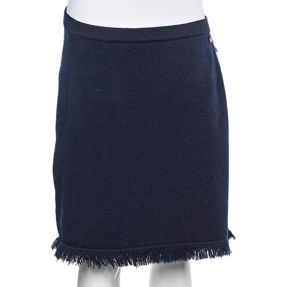 Pre Owned Chanel Navy Blue Cashmere Fringed Faux Wrap Mini Skirt M