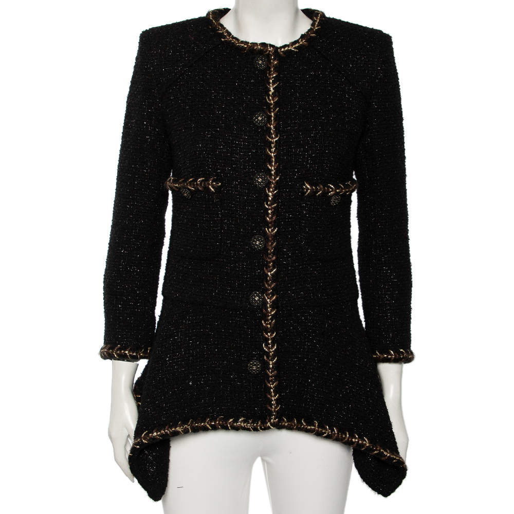 Pre Owned Chanel Black Tweed Braided Trim Detailed Asymmetrical Jacket S