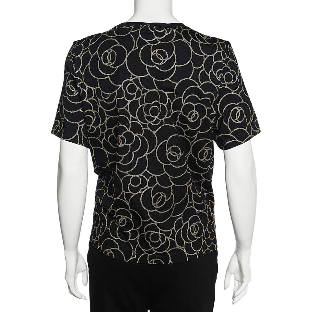Chanel Black Camellia Foil Print Cotton T-Shirt XL
