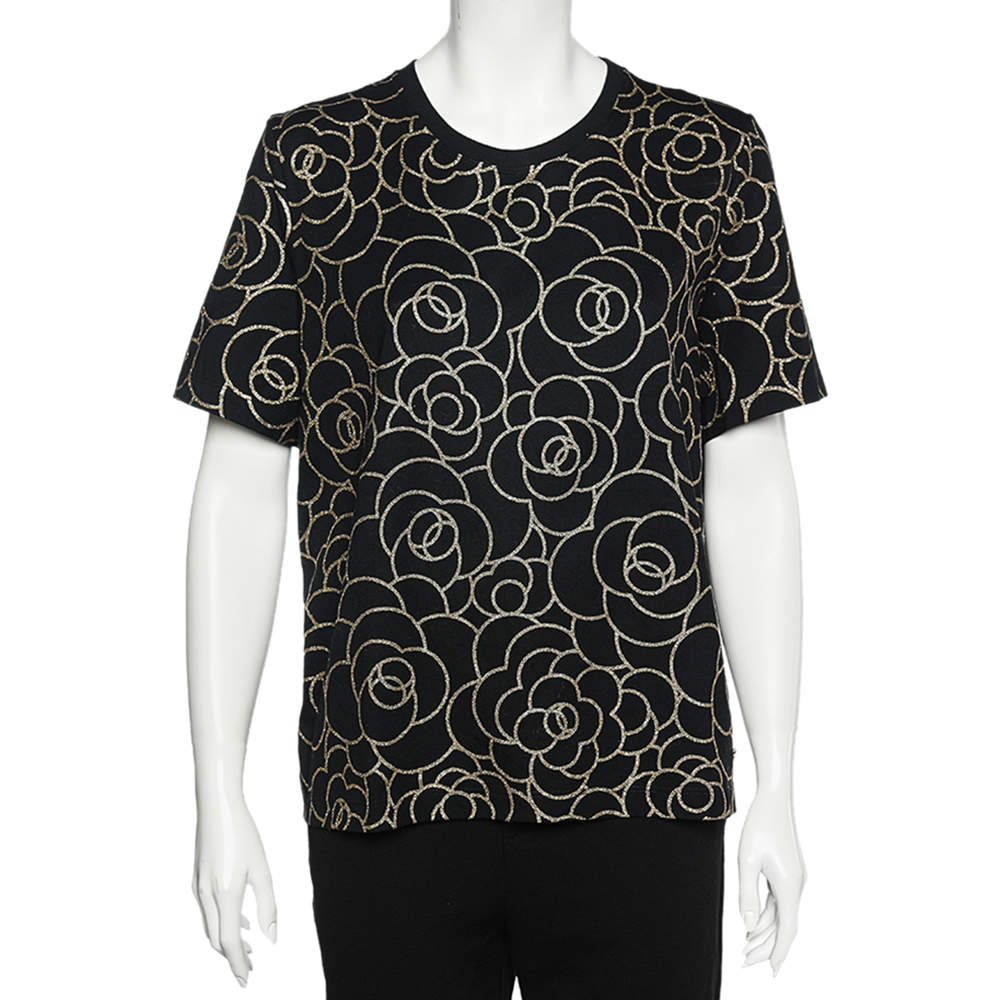 Chanel Black Camellia Foil Print Cotton T-Shirt XL