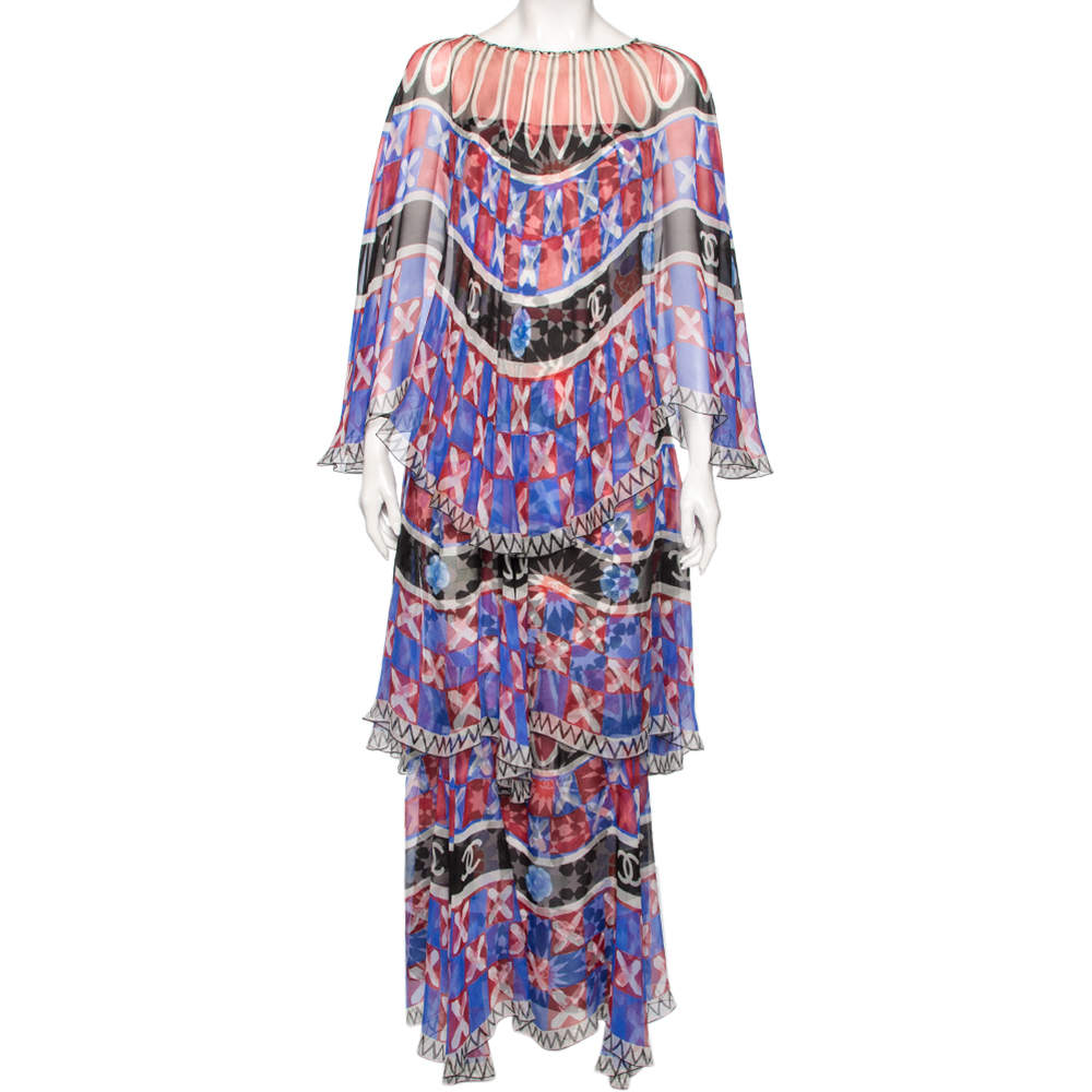 Pre Owned Chanel Multicolored Printed Silk Tiered Cape Dress M