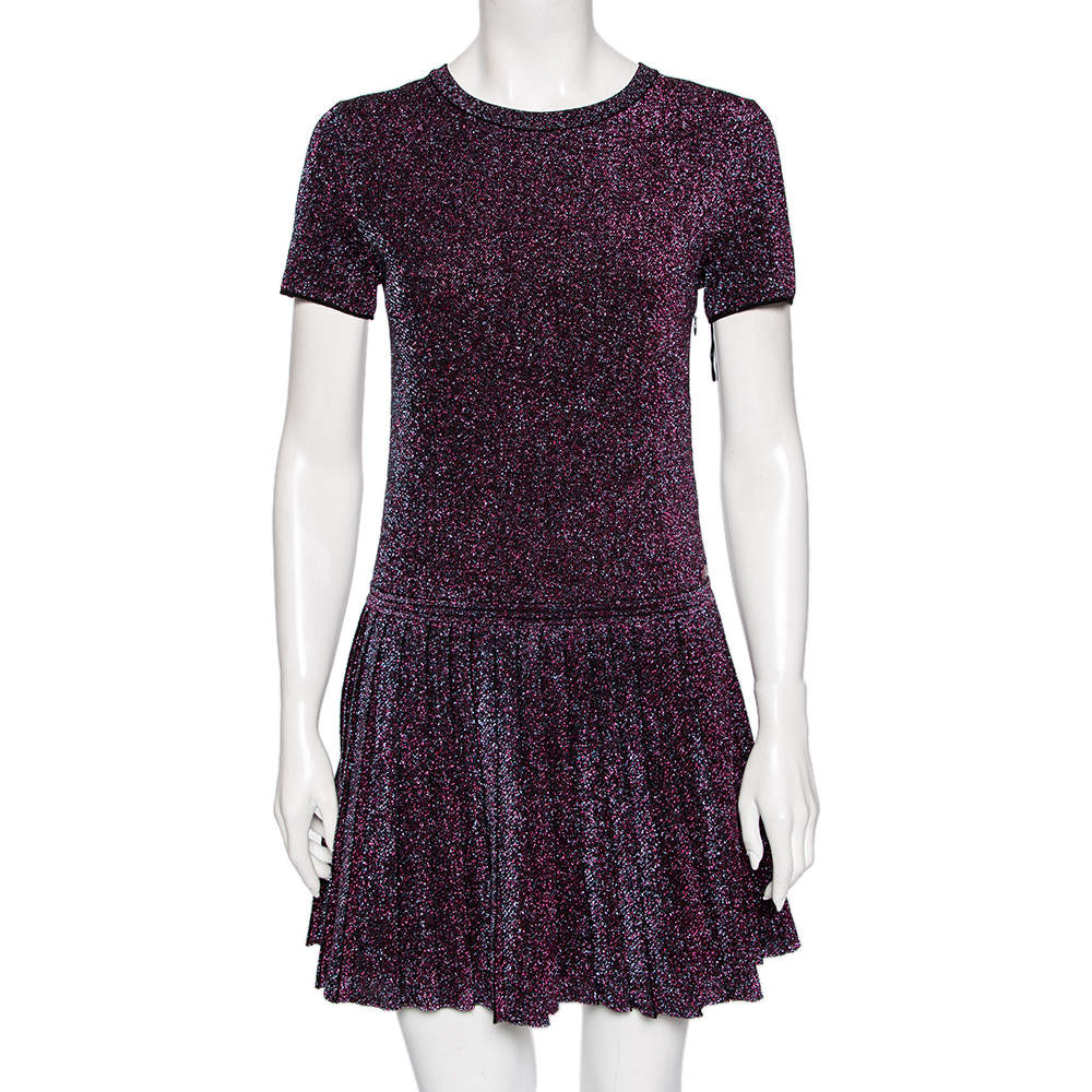 مملوكة مسبقًا Chanel Plum Lurex Knit Pleated Short Sleeve Dress M