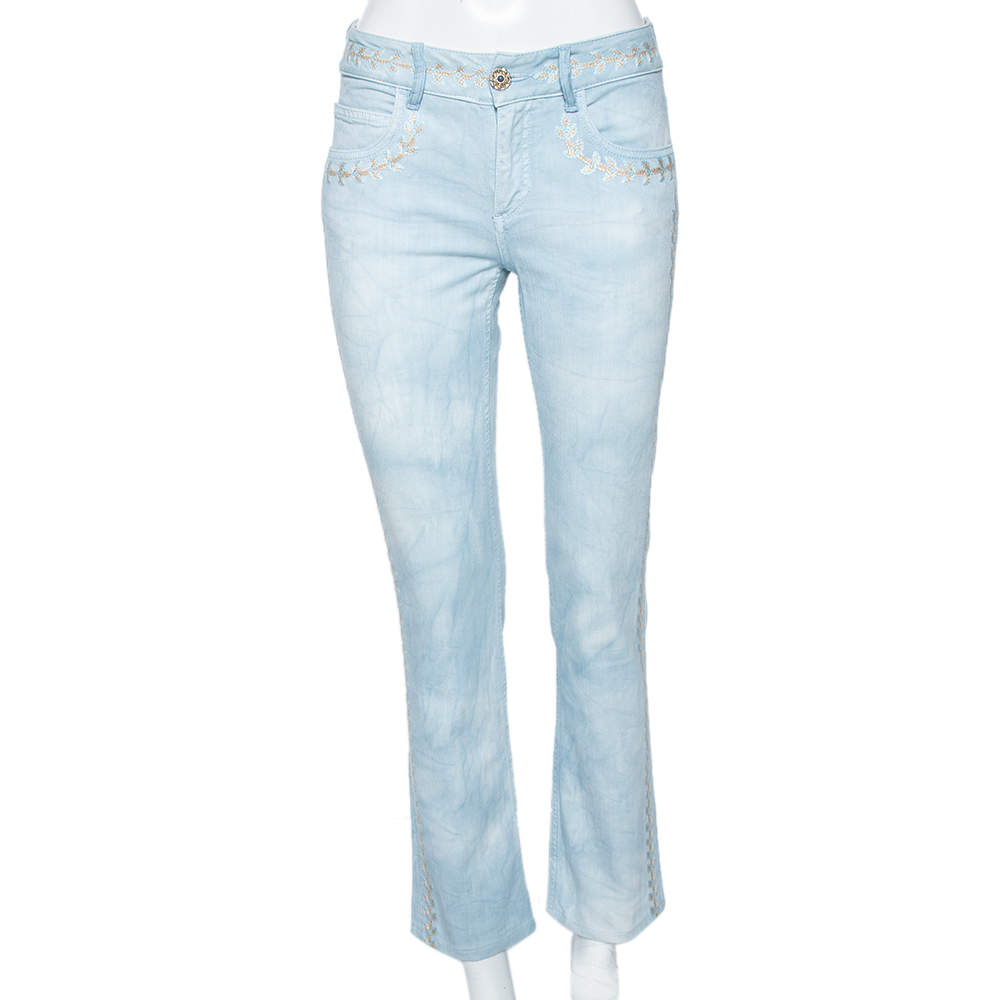 Chanel Indigo Light Wash Denim Embroidered Jeans S