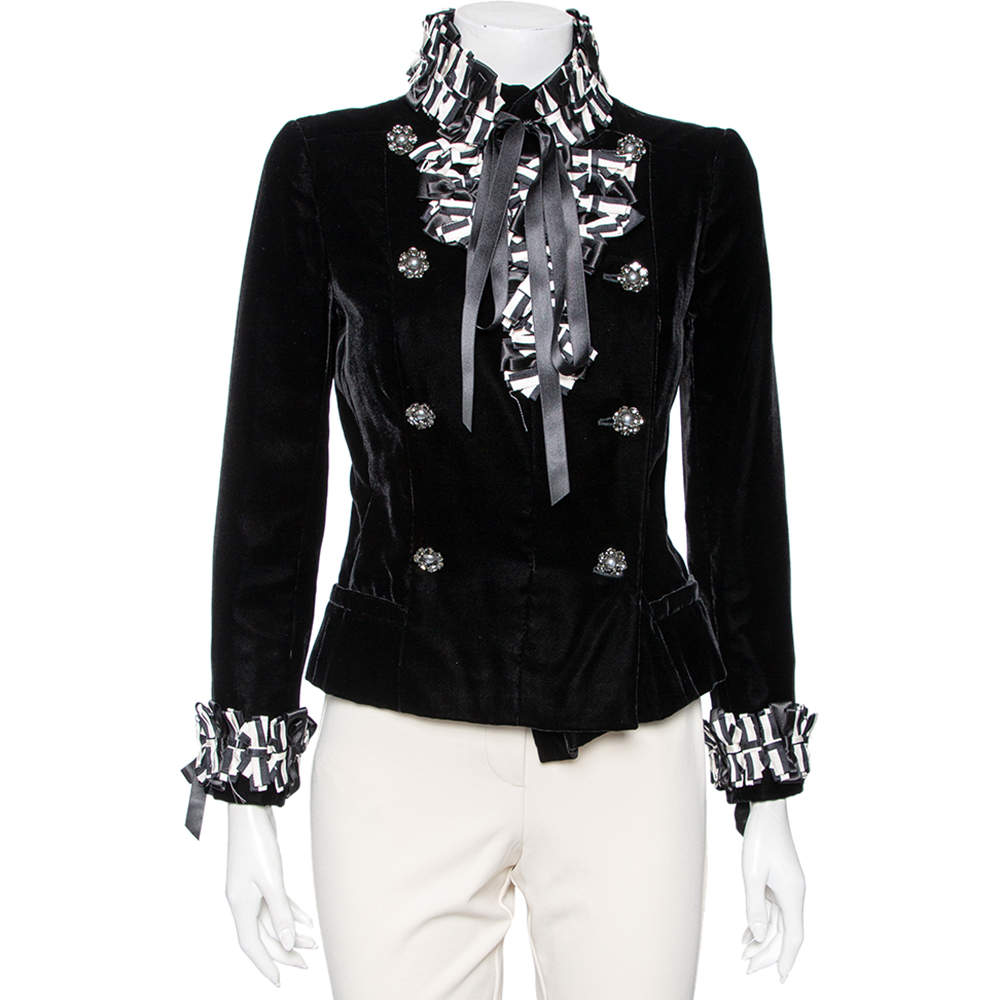 Pre Owned Chanel Black Velvet Ribbon Trimmed Double Breasted Jacket M