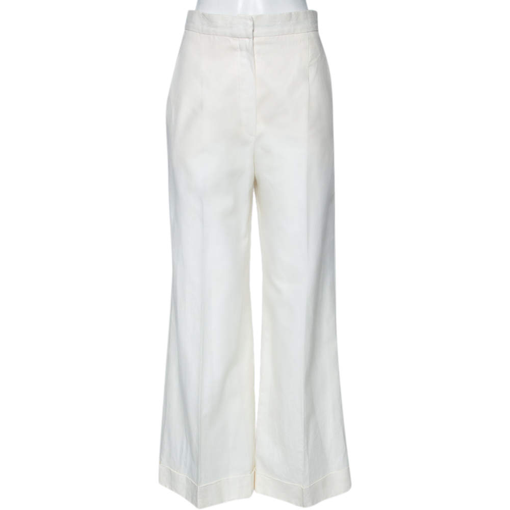 Pre Owned Chanel Ivory Linen Wide Legged Pants S 