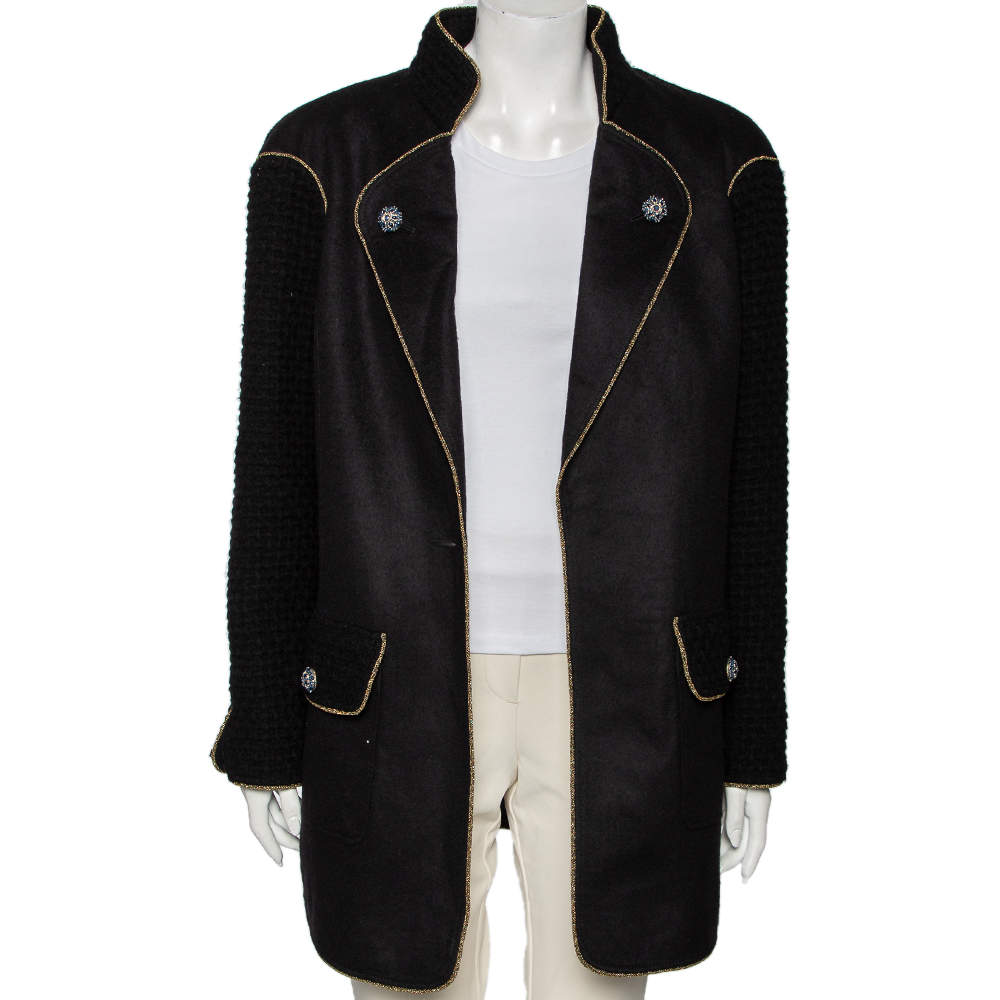 Pre Owned Chanel Black Wool & Alpaca Single Breasted Coat XL
