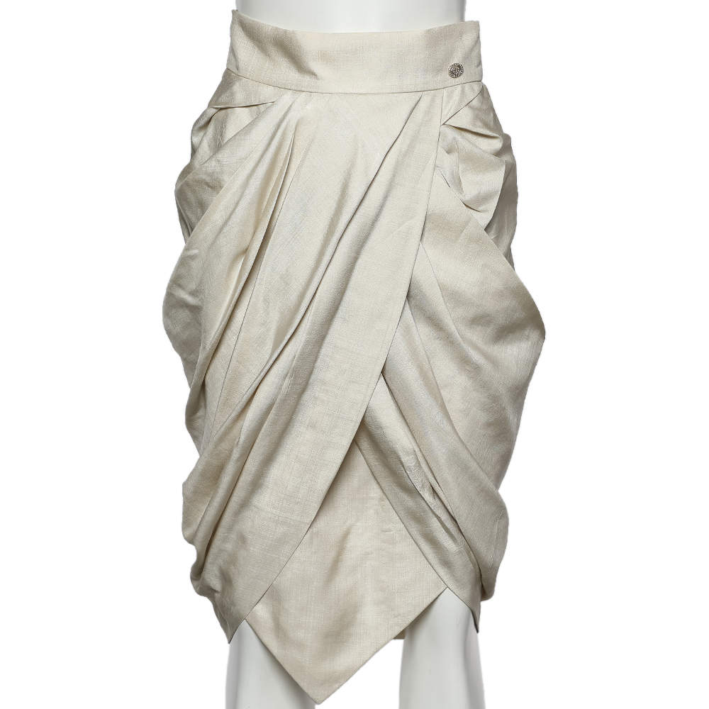 Chanel Beige Silk Draped Knee Length Skirt S