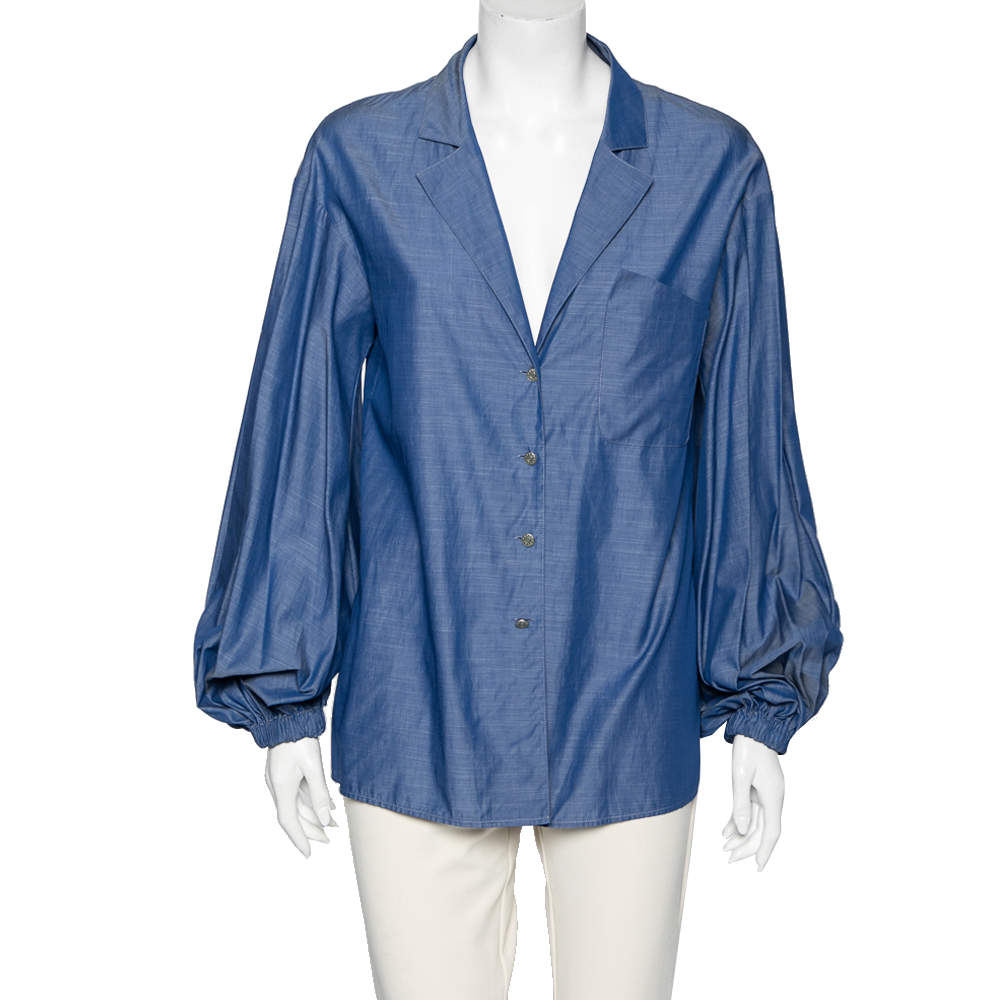 Chanel Blue Cotton Button Front Oversize Blouse M