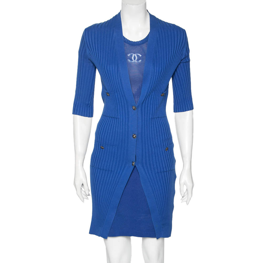 Pre Owned Chanel Blue Knit Logo Detailed Dress & Button Front Long Cardigan Set S 