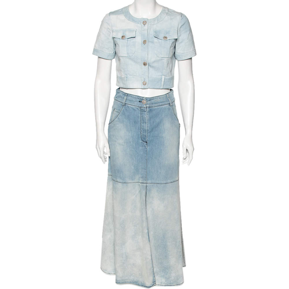Pre Owned Chanel Blue Light Wash Denim Button Front Top & Midi Skirt Set S/M