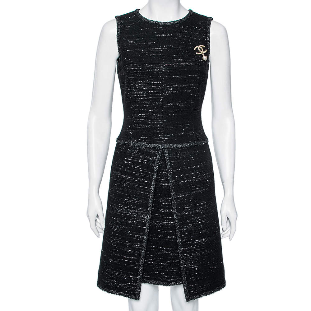 Chanel Black Lurex Tweed Broach Detailed Sleeveless Dress M